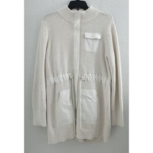 T by Talbots Women's Cream‎ Mock Neck Drawcord Sweater Jacket M Casual Outdoor